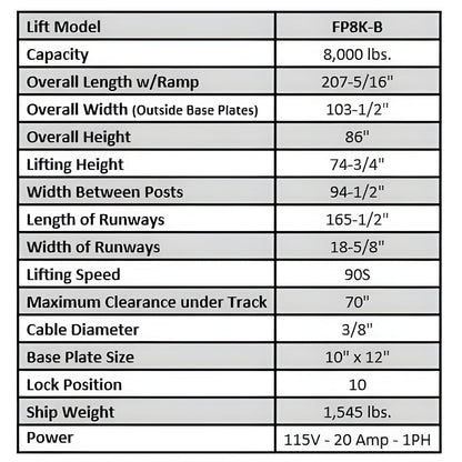 Tuxedo  8,000 lb Service Storage Lift - Basic - FP8K-B