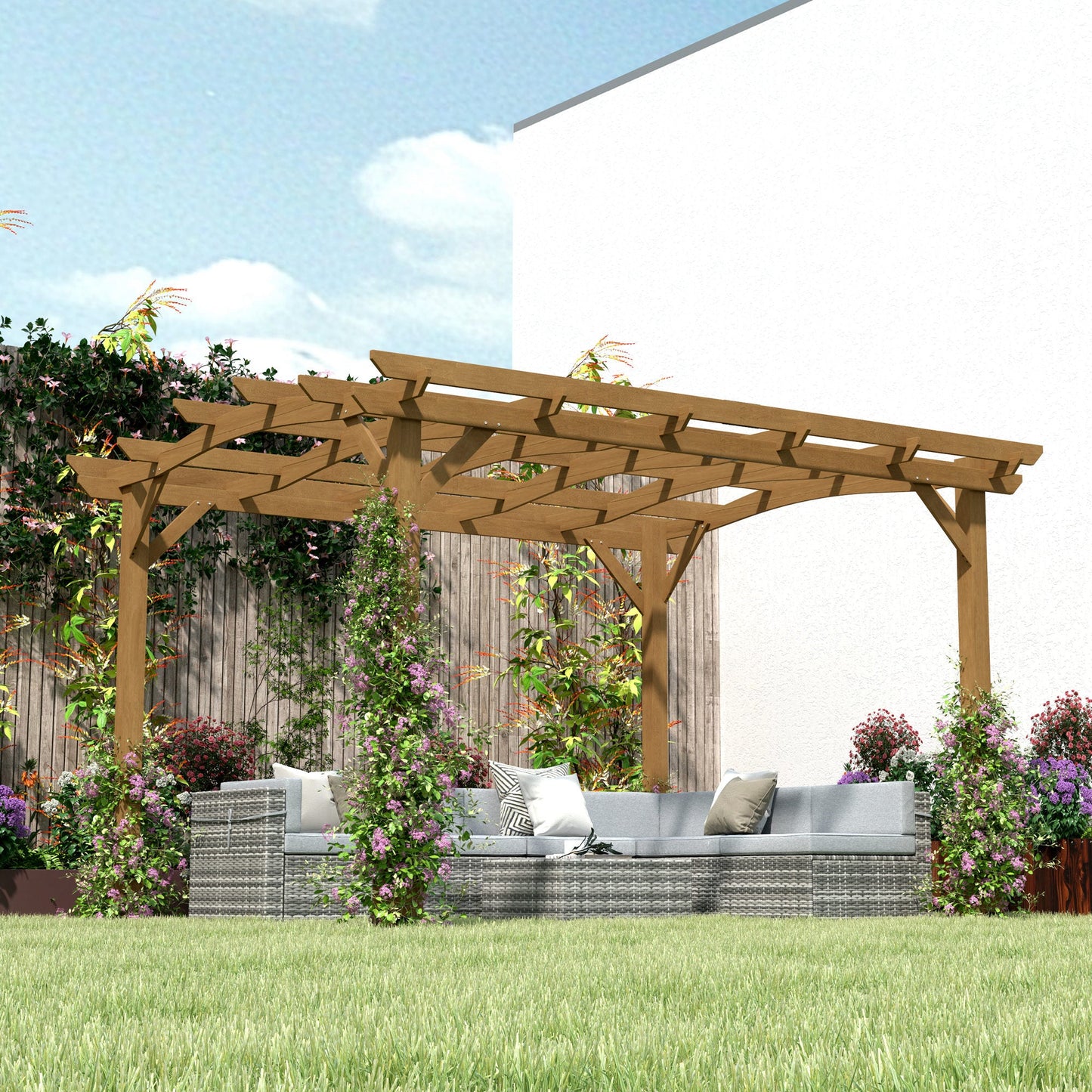 Outsunny 10' x 12' Wood Pergola with Arched Roof Trellis for Climbing Plants, Dark Brown - 84C-572V00DR