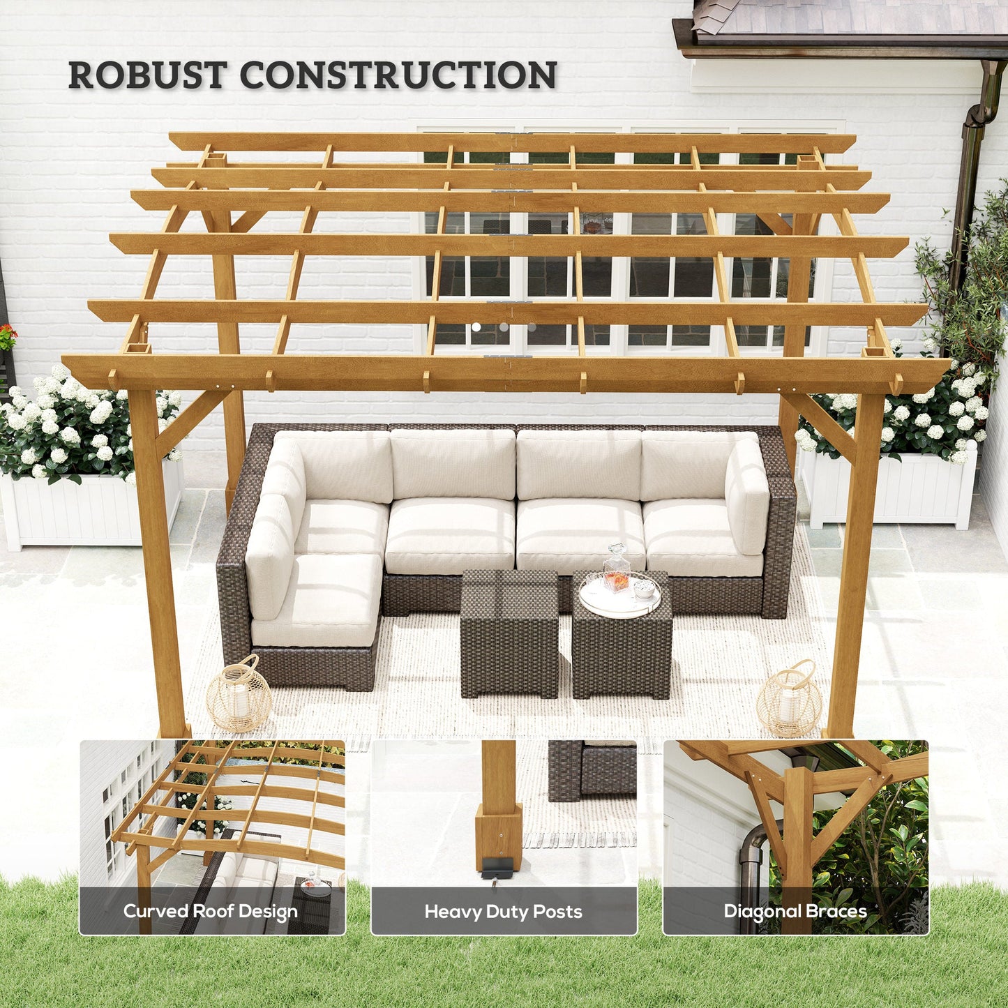 Outsunny 10' x 12' Wood Pergola with Arched Roof Trellis for Climbing Plants, Dark Brown - 84C-572V00DR