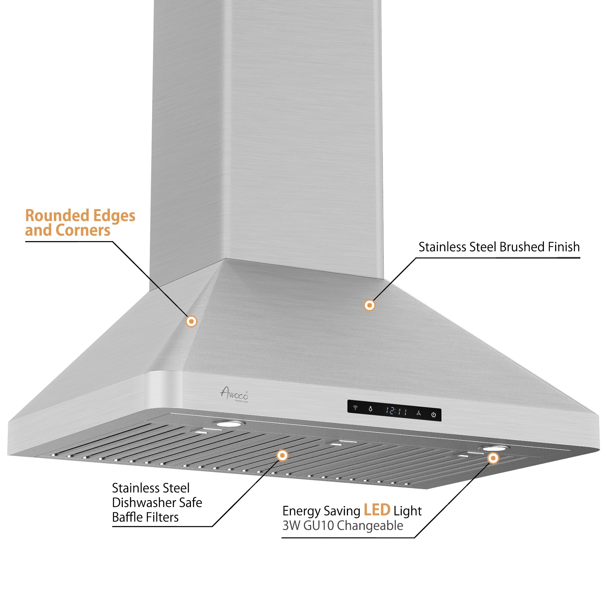 Awoco RH-WT-C Wall Mount Stainless Steel Range Hood, 3 Speeds, 6” Round Top Vent, 800CFM, 2 LED Lights, with Remote Control - RH-WT-C30