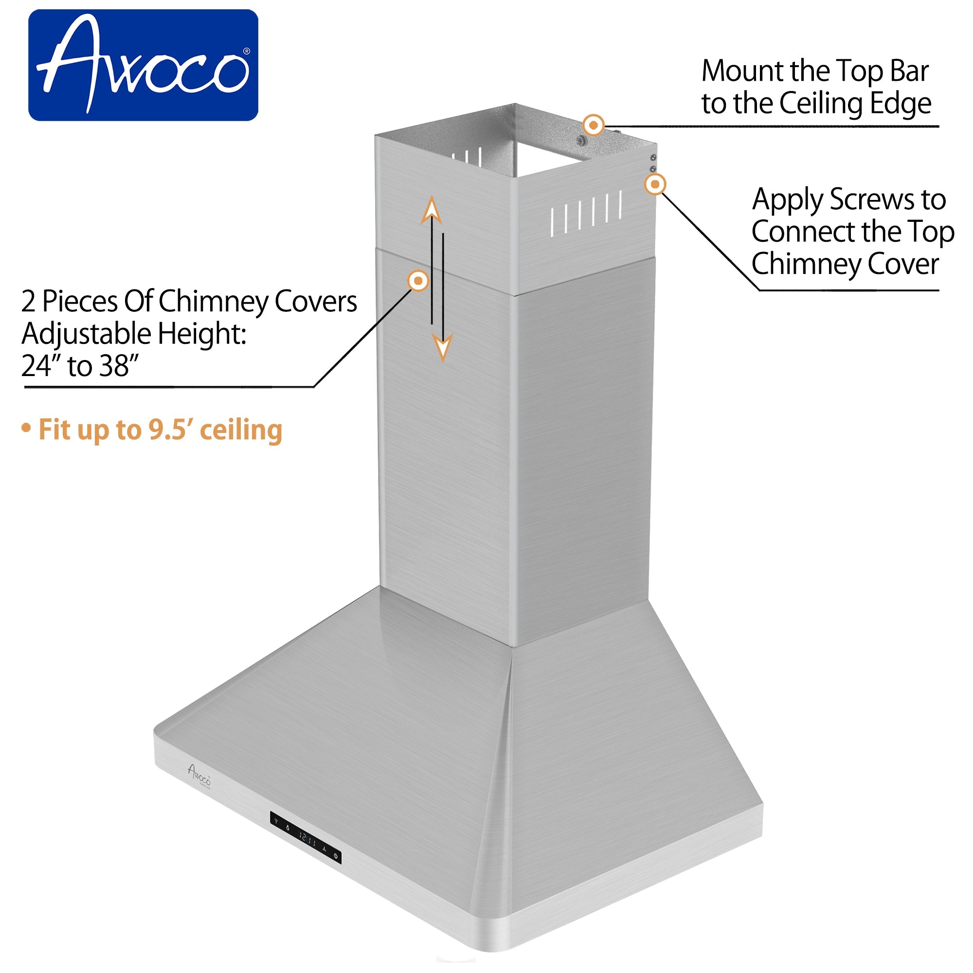 Awoco RH-WT-C Wall Mount Stainless Steel Range Hood, 3 Speeds, 6” Round Top Vent, 800CFM, 2 LED Lights, with Remote Control - RH-WT-C30