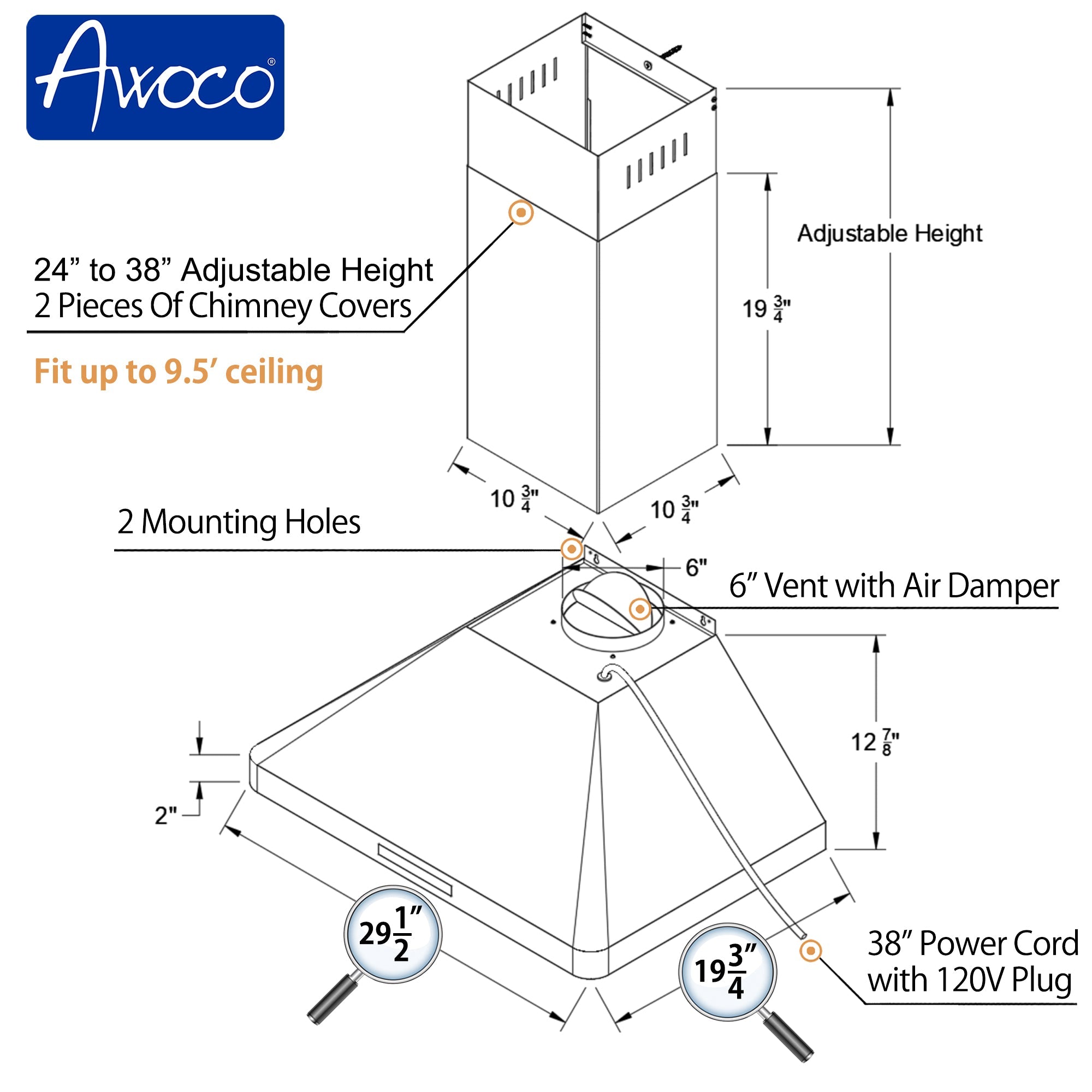 Awoco RH-WT-C Wall Mount Stainless Steel Range Hood, 3 Speeds, 6” Round Top Vent, 800CFM, 2 LED Lights, with Remote Control - RH-WT-C30