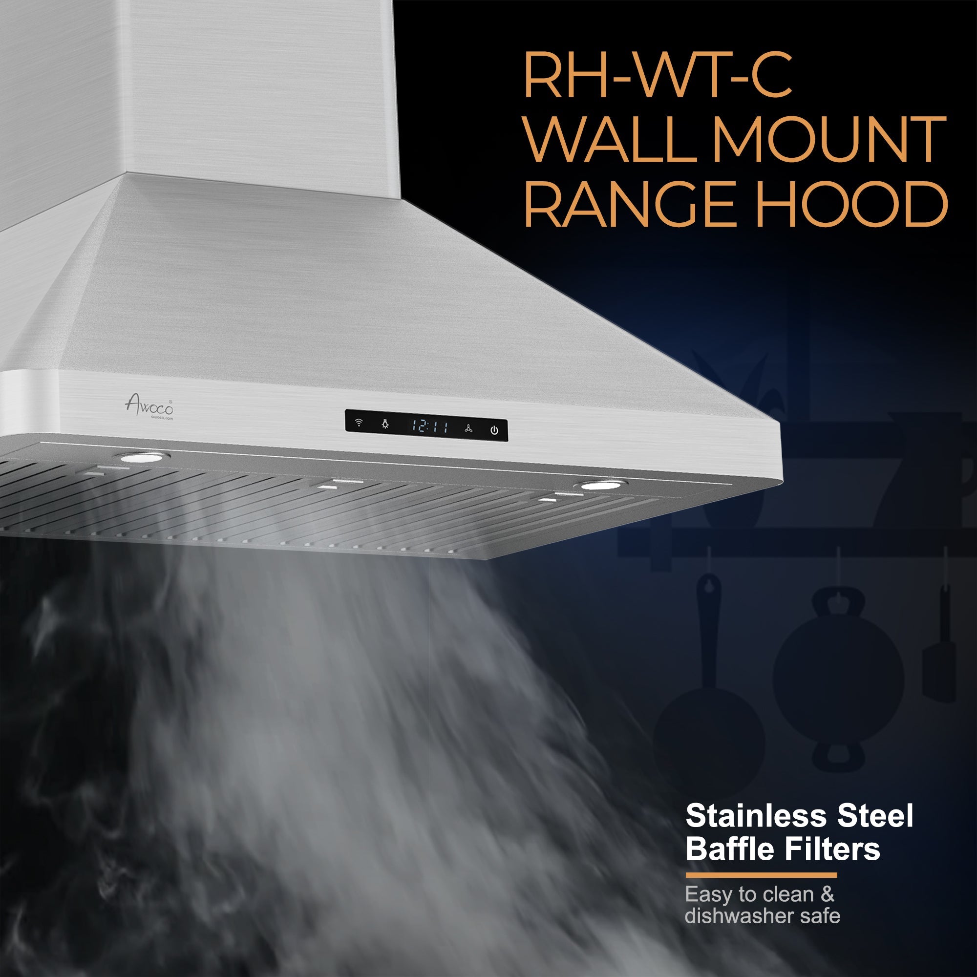 Awoco RH-WT-C Wall Mount Stainless Steel Range Hood, 3 Speeds, 6” Round Top Vent, 800CFM, 2 LED Lights, with Remote Control - RH-WT-C30