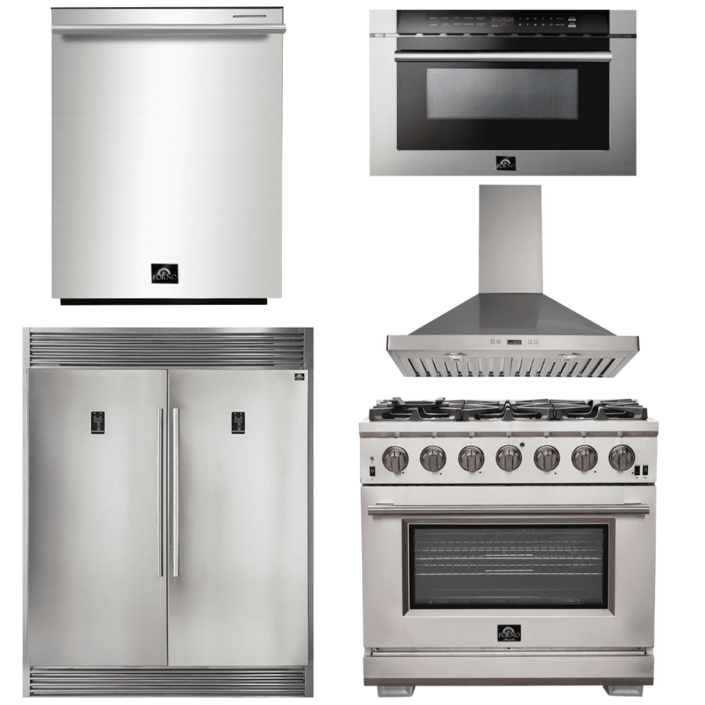 Forno Appliace Package - 36 Inch Pro Gas Range, Wall Mount Range Hood, Refrigerator, Microwave Drawer, Dishwasher, AP-FFSGS6260-36-W-8