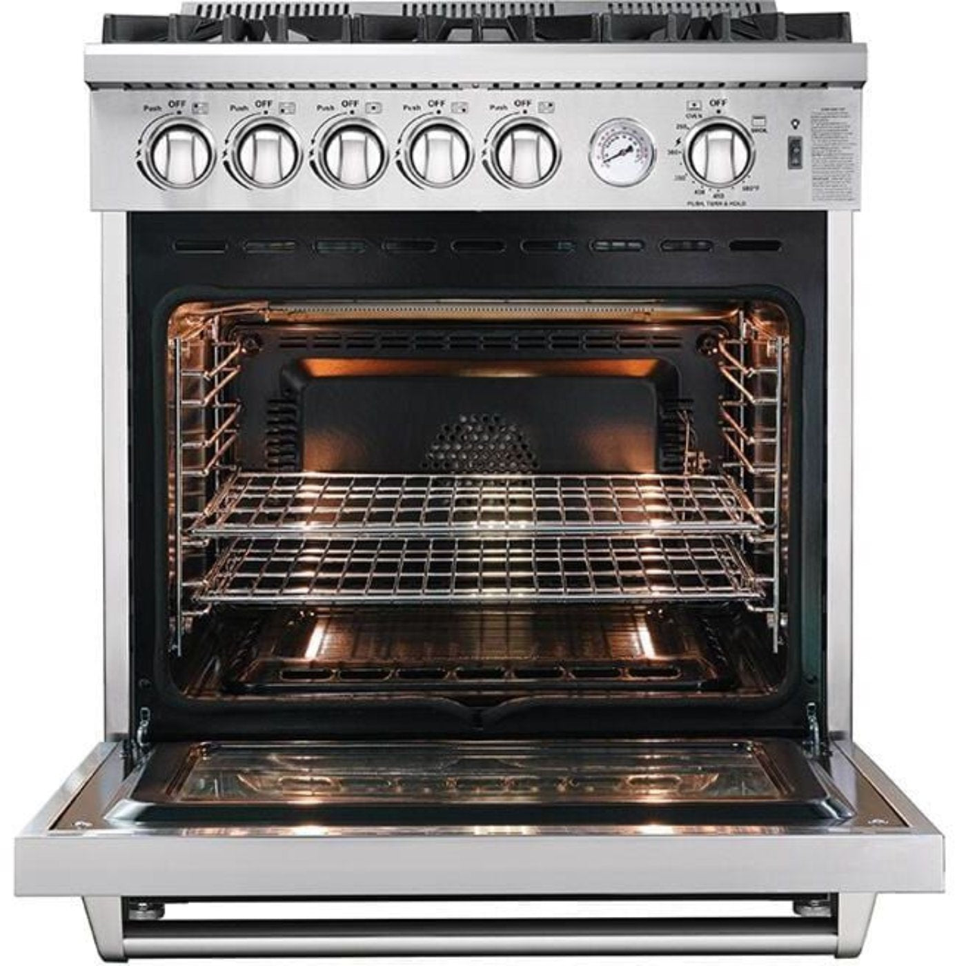 Forno Appliace Package - 30 Inch Gas Range, Wall Mount Range Hood, Refrigerator, Microwave Drawer, Dishwasher, AP-FFSGS6275-30-W-8