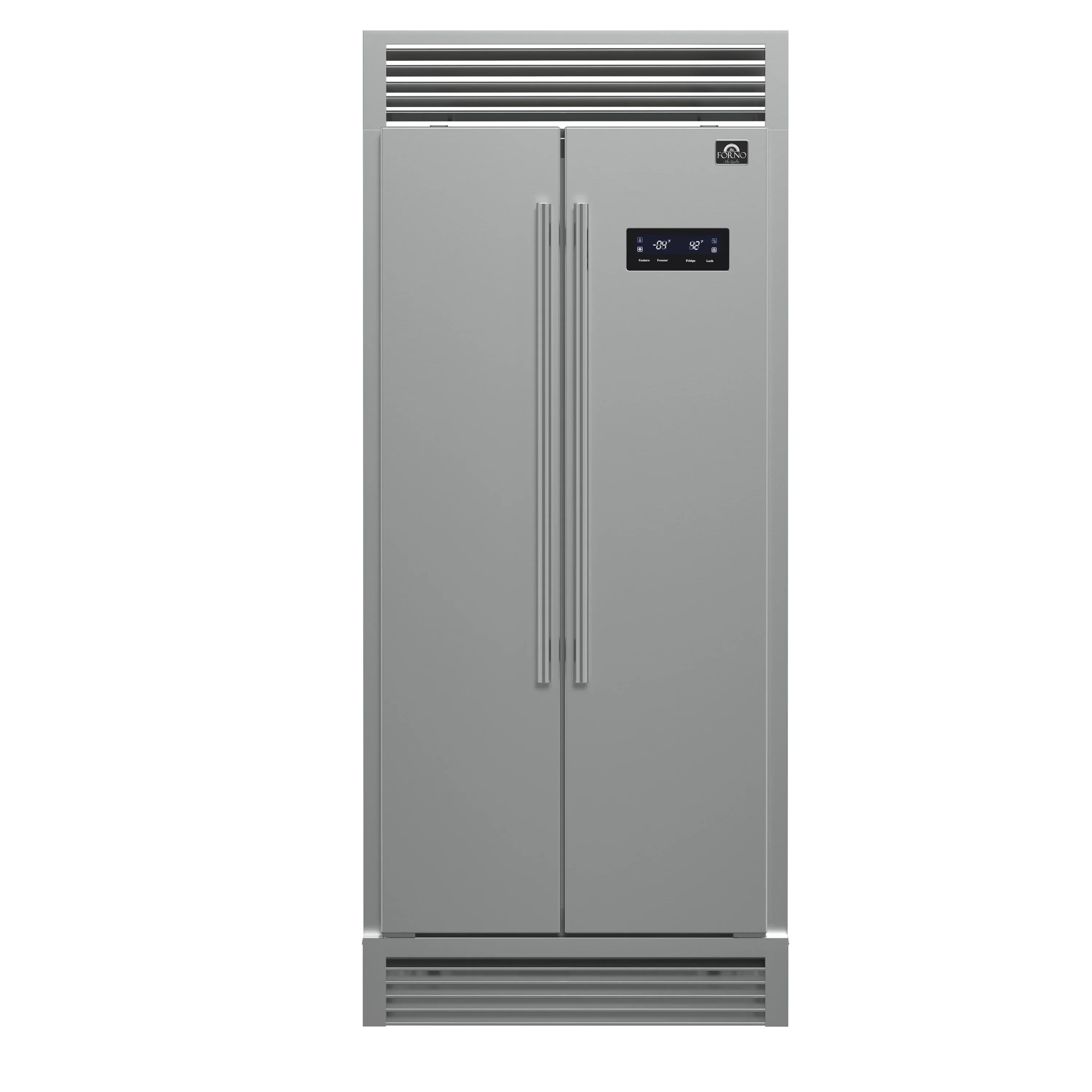 Forno 33-Inch Salerno Side-by-Side Counter Depth Refrigerator 15.6 Cu. Ft. in Stainless Steel with Professional Handle & 4” Decorative Grille  - FFRBI1805-37SG