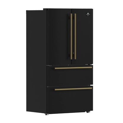 Forno Espresso Moena 36-inch 19.2 Cu.ft French Door Refrigerator in Black with Antique Brass Handle -FFRBI1820-36BLK