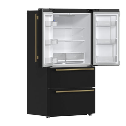 Forno Espresso Moena 36-inch 19.2 Cu.ft French Door Refrigerator in Black with Antique Brass Handle -FFRBI1820-36BLK
