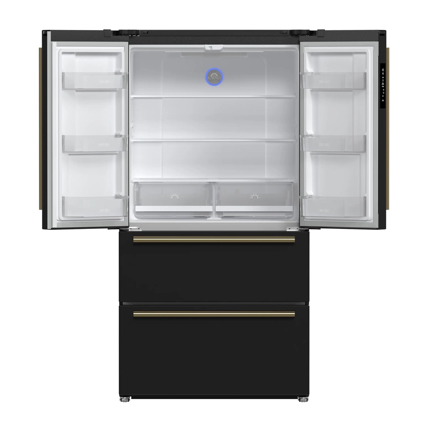 Forno Espresso Moena 36-inch 19.2 Cu.ft French Door Refrigerator in Black with Antique Brass Handle -FFRBI1820-36BLK