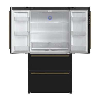 Forno Espresso Moena 36-inch 19.2 Cu.ft French Door Refrigerator in Black with Antique Brass Handle -FFRBI1820-36BLK
