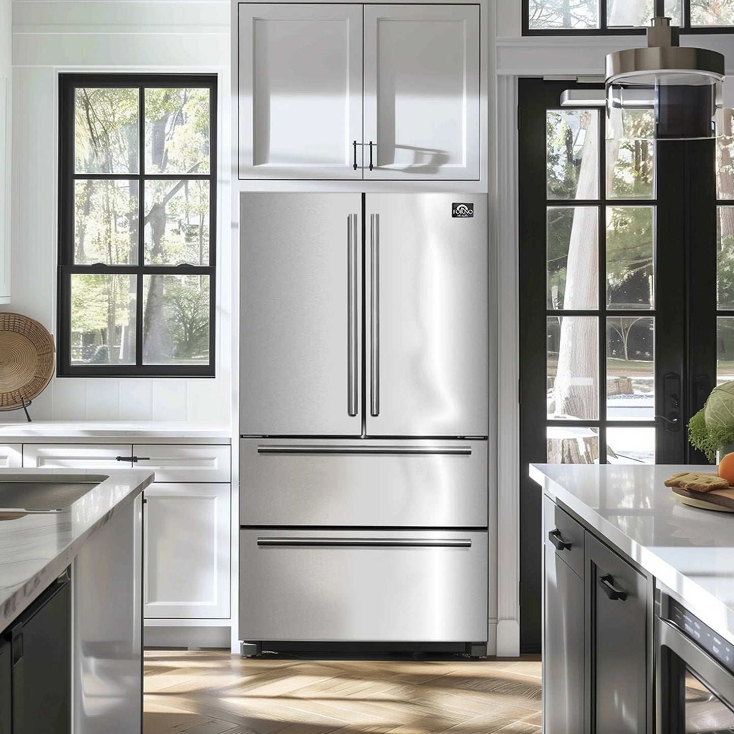 Forno Moena 36-Inch French Door 19.2 cu. ft Refrigerator with Modern Decorative Grille in Stainless Steel (FFRBI1820-40MG)