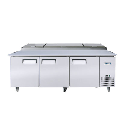 Frigos 93" Three Solid Door Refrigerated Pizza Prep Table (12) 1/3 size pans - FGA-PZPT-3D-93