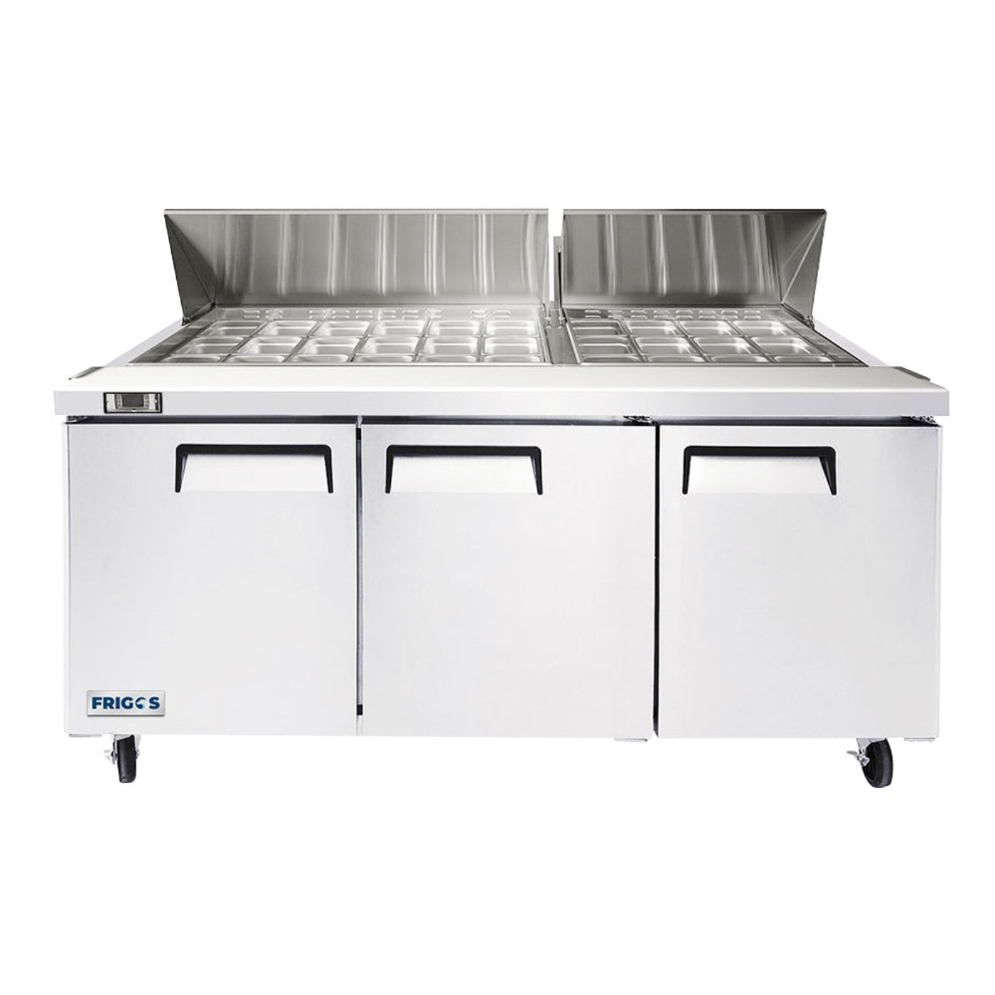 Frigos 73" Three Door Mega Top Refrigerator Sandwich Prep Table (30) 1/6 size pans - FGA-SPT-30P-73-MT