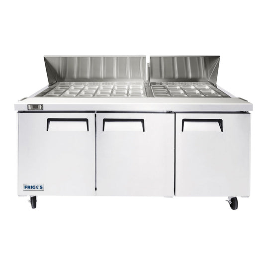 Frigos 73" Three Door Mega Top Refrigerator Sandwich Prep Table (30) 1/6 size pans - FGA-SPT-30P-73-MT