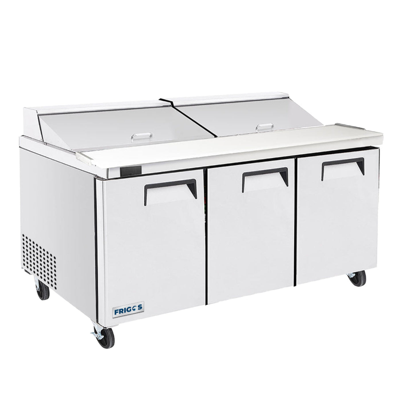 Frigos 73" Three Door Mega Top Refrigerator Sandwich Prep Table (30) 1/6 size pans - FGA-SPT-30P-73-MT
