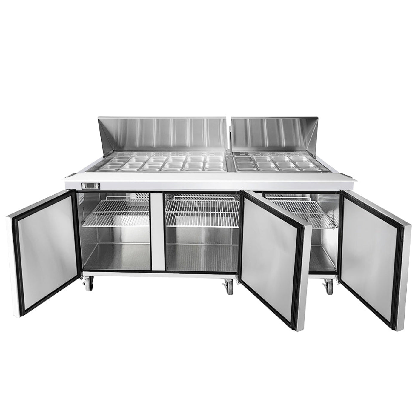 Frigos 73" Three Door Mega Top Refrigerator Sandwich Prep Table (30) 1/6 size pans - FGA-SPT-30P-73-MT