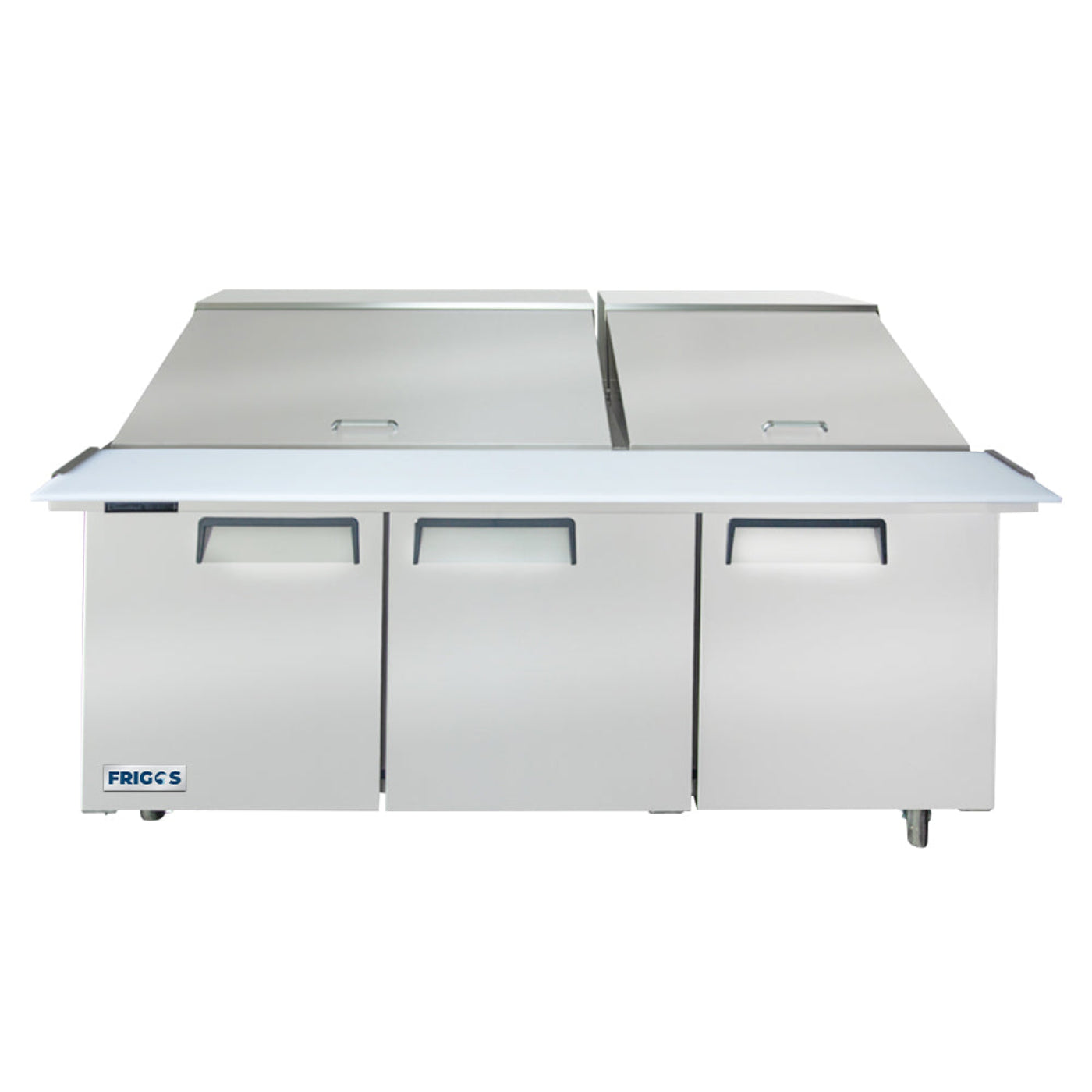 Frigos 73" Three Door Mega Top Refrigerator Sandwich Prep Table (30) 1/6 size pans - FGA-SPT-30P-73-MT