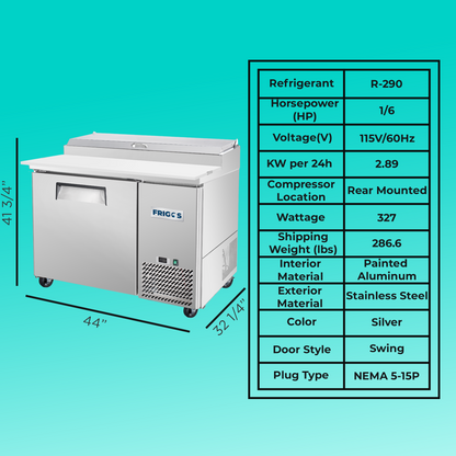 Pizza Prep Table Refrigerator 44" Width 1 Door Frigos with Aluminum Interior with 304 Stainless Steel Floor - FG-PZPT-44