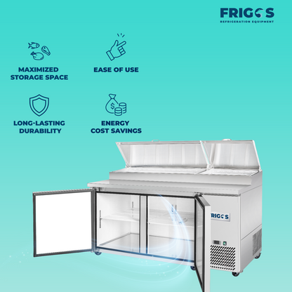 Frigos Pizza Prep Table Refrigerator 67" Width 2 Door Frigos FG-PZPT-67 with Aluminum Interior with 304 Stainless Steel Floor - FG-PZPT-67
