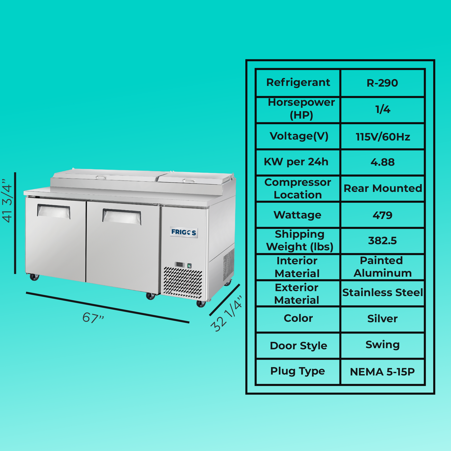 Frigos Pizza Prep Table Refrigerator 67" Width 2 Door Frigos FG-PZPT-67 with Aluminum Interior with 304 Stainless Steel Floor - FG-PZPT-67