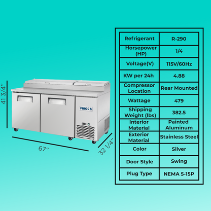 Frigos Pizza Prep Table Refrigerator 67" Width 2 Door Frigos FG-PZPT-67 with Aluminum Interior with 304 Stainless Steel Floor - FG-PZPT-67