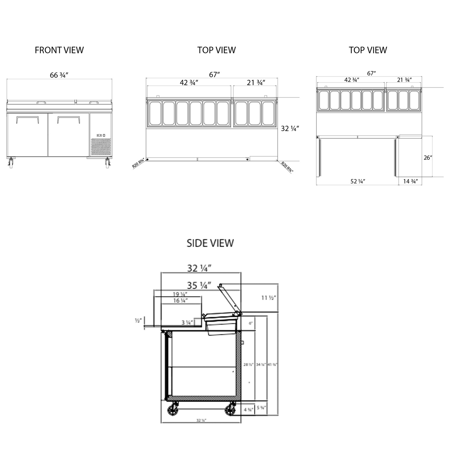 Frigos Pizza Prep Table Refrigerator 67" Width 2 Door Frigos FG-PZPT-67 with Aluminum Interior with 304 Stainless Steel Floor - FG-PZPT-67