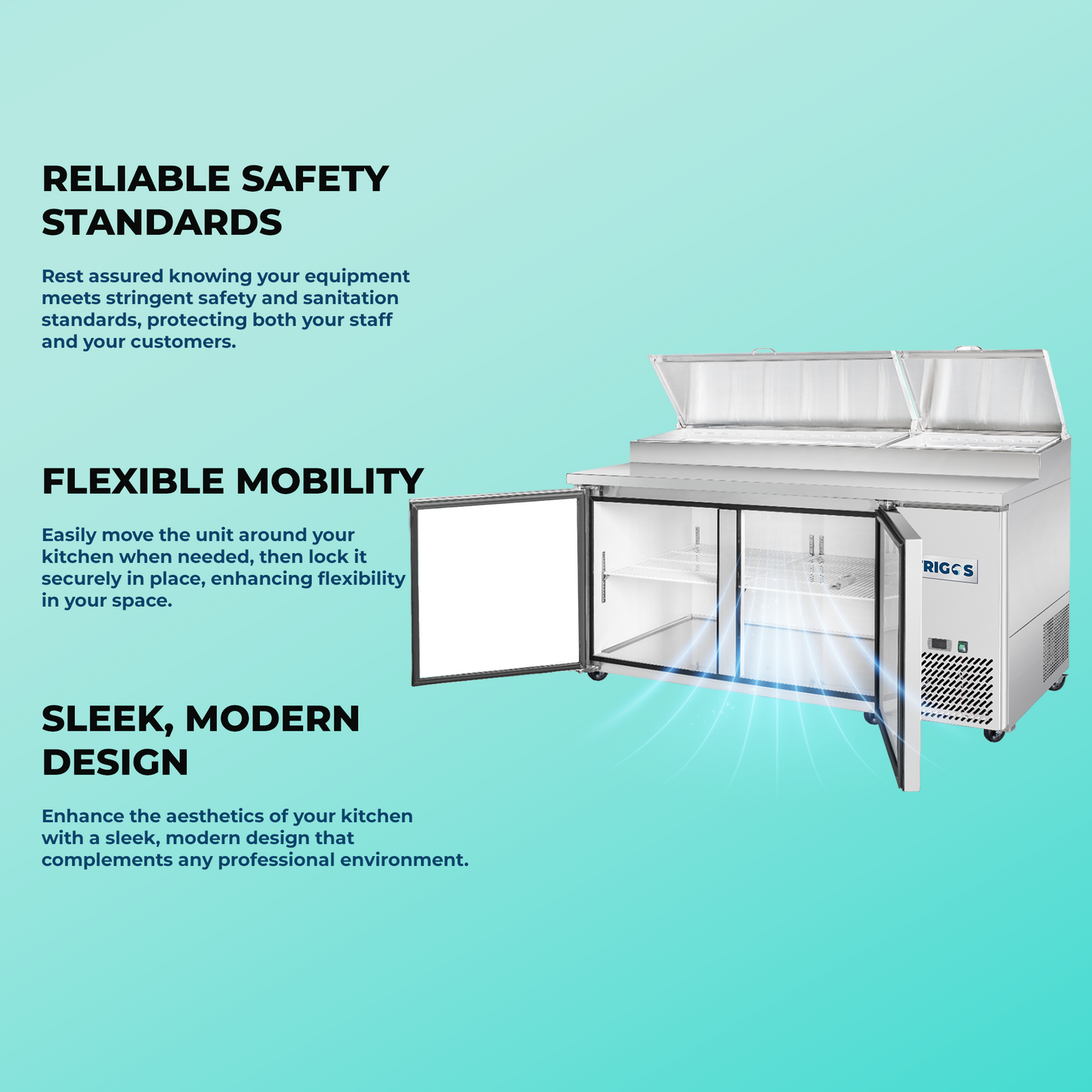 Frigos Pizza Prep Table Refrigerator 67" Width 2 Door Frigos FG-PZPT-67 with Aluminum Interior with 304 Stainless Steel Floor - FG-PZPT-67