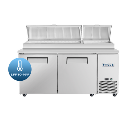 Frigos Pizza Prep Table Refrigerator 67" Width 2 Door Frigos FG-PZPT-67 with Aluminum Interior with 304 Stainless Steel Floor - FG-PZPT-67