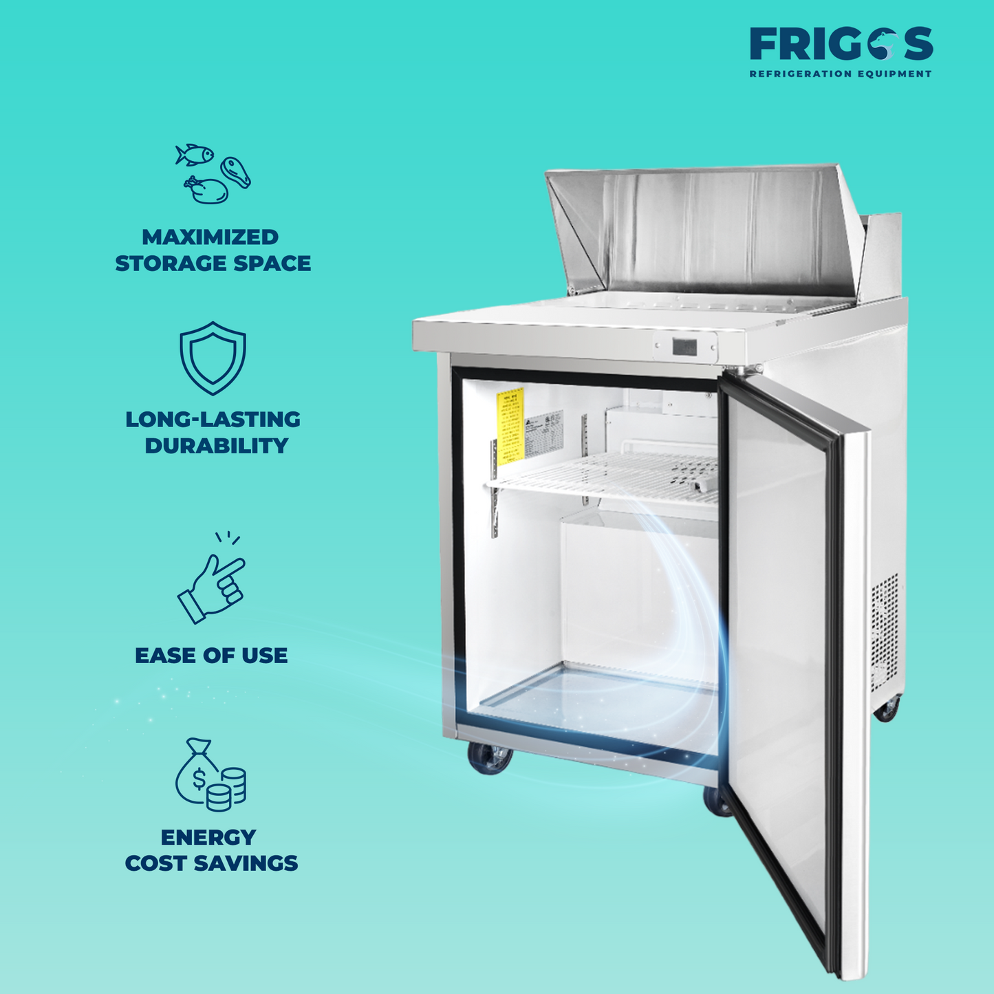 Frigos Sandwich and Salad Prep Table Refrigerator 29" Width 1 Door with Aluminum Interior with 304 Stainless Steel Floor - FG-SWPT-29