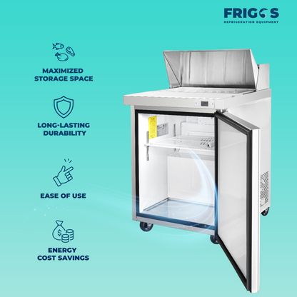 Frigos Sandwich and Salad Prep Table Refrigerator 29" Width 1 Door with Aluminum Interior with 304 Stainless Steel Floor - FG-SWPT-29