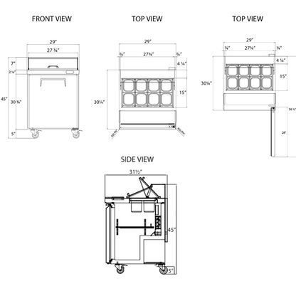 Frigos Sandwich and Salad Prep Table Refrigerator 29" Width 1 Door with Aluminum Interior with 304 Stainless Steel Floor - FG-SWPT-29