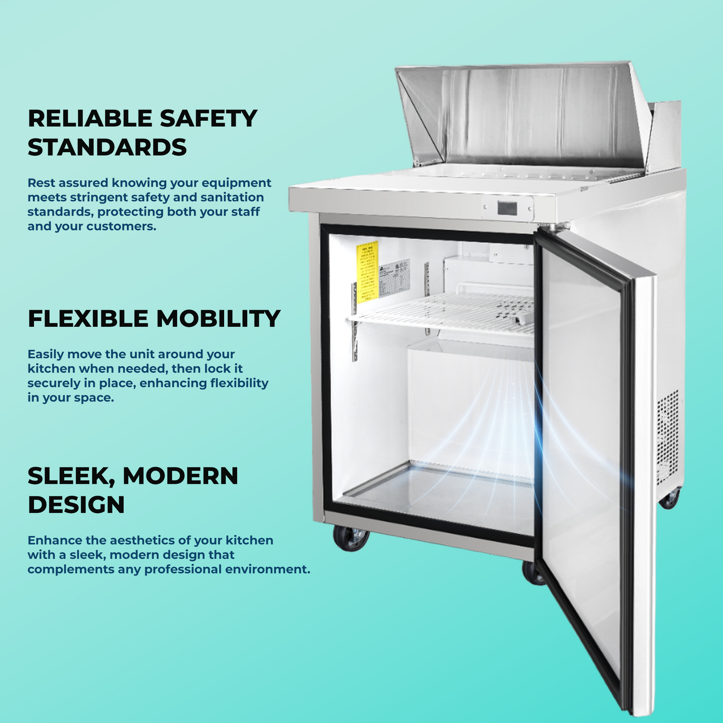 Frigos Sandwich and Salad Prep Table Refrigerator 29" Width 1 Door with Aluminum Interior with 304 Stainless Steel Floor - FG-SWPT-29