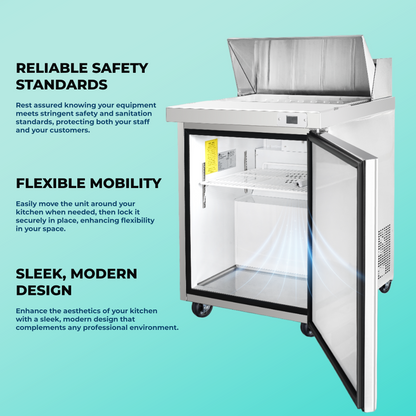 Frigos Sandwich and Salad Prep Table Refrigerator 29" Width 1 Door with Aluminum Interior with 304 Stainless Steel Floor - FG-SWPT-29