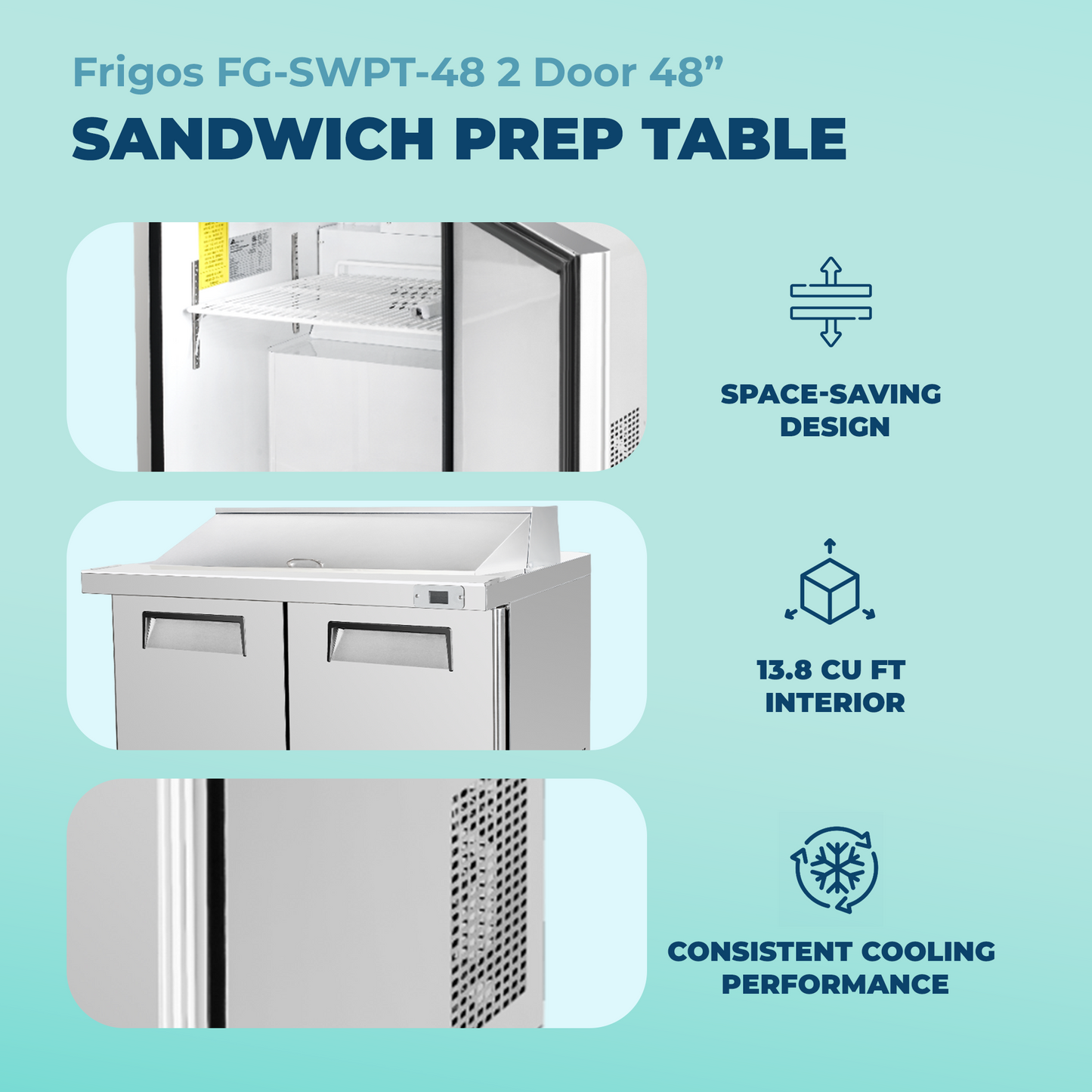 Frigos Sandwich and Salad Prep Table Refrigerator 48" Width 2 Door with Aluminum Interior with 304 Stainless Steel Floor - FG-SWPT-48