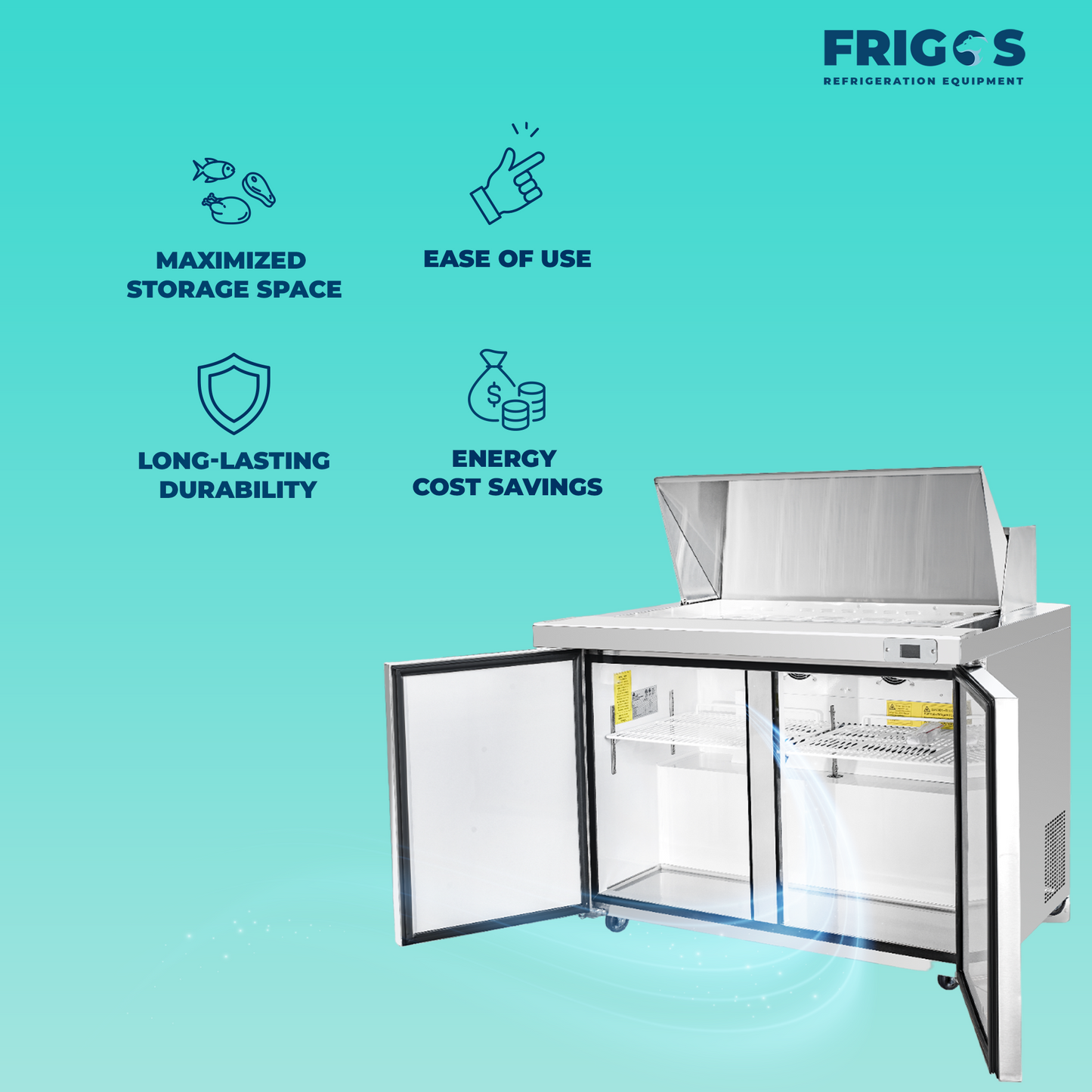 Frigos Sandwich and Salad Prep Table Refrigerator 48" Width 2 Door with Aluminum Interior with 304 Stainless Steel Floor - FG-SWPT-48