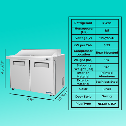 Frigos Sandwich and Salad Prep Table Refrigerator 48" Width 2 Door with Aluminum Interior with 304 Stainless Steel Floor - FG-SWPT-48