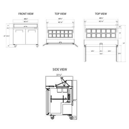Frigos Sandwich and Salad Prep Table Refrigerator 48" Width 2 Door with Aluminum Interior with 304 Stainless Steel Floor - FG-SWPT-48