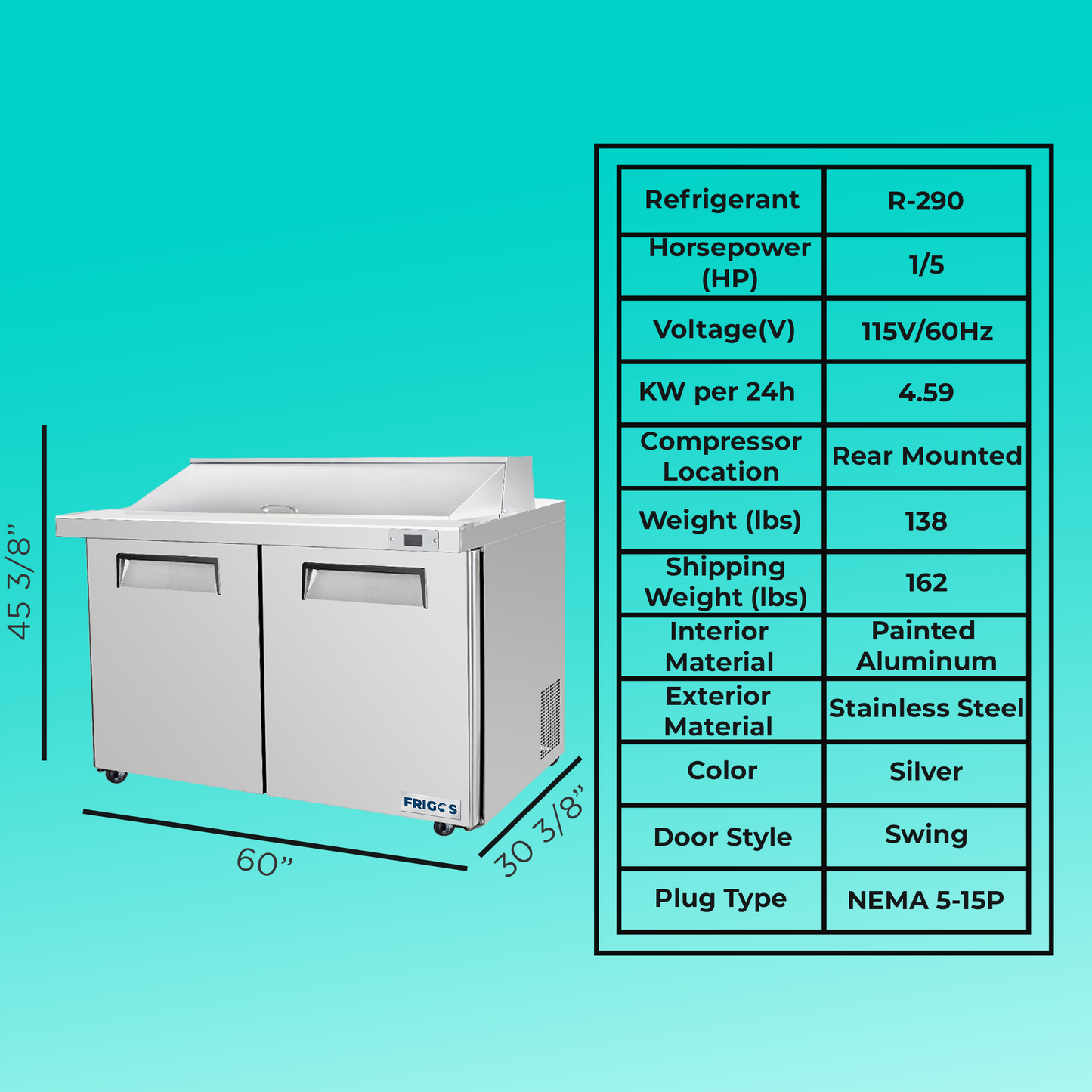 Frigos Sandwich and Salad Prep Table Refrigerator 60" Width 2 Door with Aluminum Interior with 304 Stainless Steel Floor - FG-SWPT-60