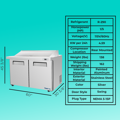 Frigos Sandwich and Salad Prep Table Refrigerator 60" Width 2 Door with Aluminum Interior with 304 Stainless Steel Floor - FG-SWPT-60