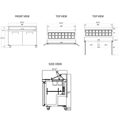 Frigos Sandwich and Salad Prep Table Refrigerator 60" Width 2 Door with Aluminum Interior with 304 Stainless Steel Floor - FG-SWPT-60