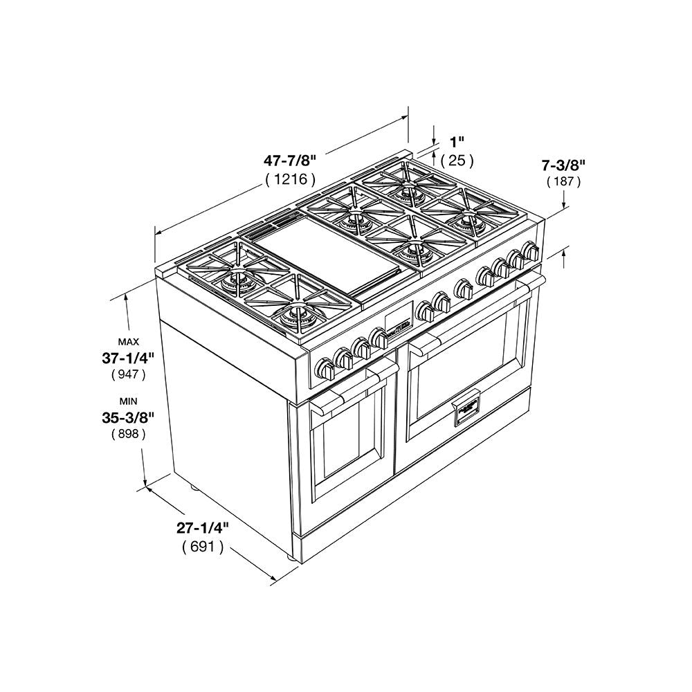 Fulgor Milano 48 in. 600 Series Dual Fuel Range with 6 Burners and Trilaminate Griddle in Stainless Steel - F6PDF486GS1