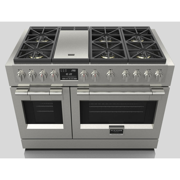 Fulgor Milano 48 in. 600 Series Dual Fuel Range with 6 Burners and Trilaminate Griddle in Stainless Steel - F6PDF486GS1