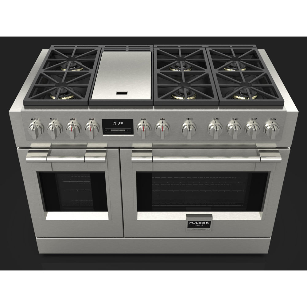 Fulgor Milano 48 in. 600 Series Pro All Gas Range with 6 Burners and Trilaminate Griddle in Stainless Steel - F6PGR486GS2