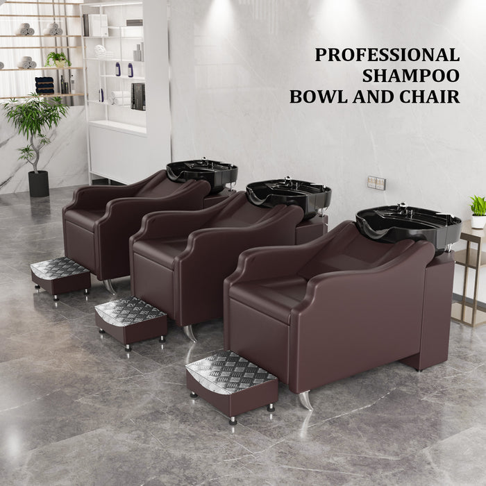 OmySalon BU1301 Salon Shampoo Bowl and Chair Backwash Unit with Extra Large Ceramic Bowl & Freestanding Ottoman - G59000488+G59000489+G59000490