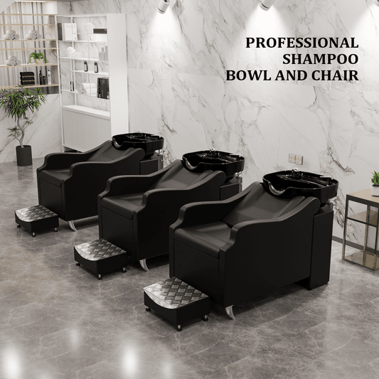 OmySalon BU1301 Salon Shampoo Bowl and Chair Backwash Unit with Extra Large Ceramic Bowl & Freestanding Ottoman - G59000488+G59000489+G59000490