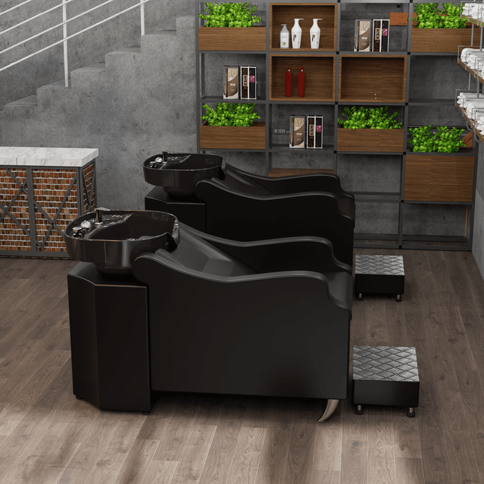 OmySalon BU1301 Salon Shampoo Bowl and Chair Backwash Unit with Extra Large Ceramic Bowl & Freestanding Ottoman - G59000488+G59000489+G59000490