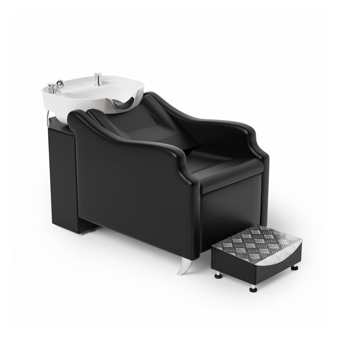 OmySalon BU1301 Salon Shampoo Bowl and Chair Backwash Unit with Extra Large Ceramic Bowl & Freestanding Ottoman - G59000488+G59000489+G59000490