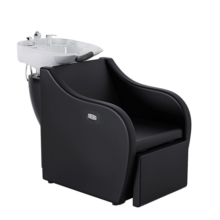 OmySalon BU1211 Electric Shampoo Bowl and Chair Backwash Unit with Reclining Legrest & Tilting Porcelain Shampoo Sink - G59000381+G59000382+G59000383