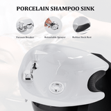 OmySalon BU1211 Electric Shampoo Bowl and Chair Backwash Unit with Reclining Legrest & Tilting Porcelain Shampoo Sink - G59000381+G59000382+G59000383