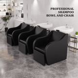 OmySalon BU1211 Electric Shampoo Bowl and Chair Backwash Unit with Reclining Legrest & Tilting Porcelain Shampoo Sink - G59000381+G59000382+G59000383